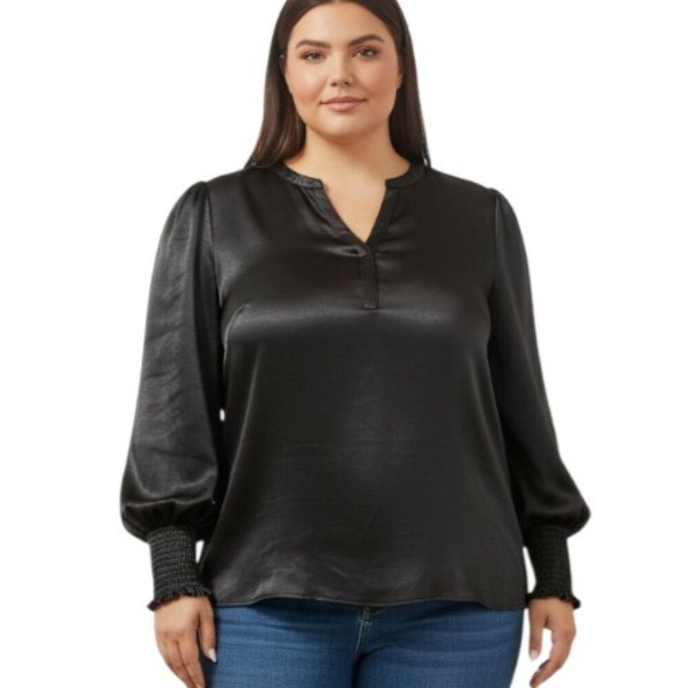 SUGARLIPS Henley Black Satin Long Sleeve Blouse Curve, NWT 3X   3XL